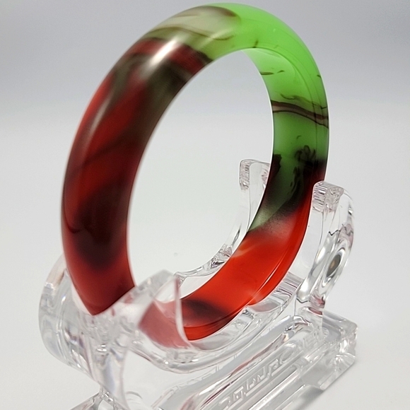 Hand Crafted Jewelry - VTG Inspired Abstract Jade Bangle Chicken Blood Red & Golden Silk Glass Bracelet